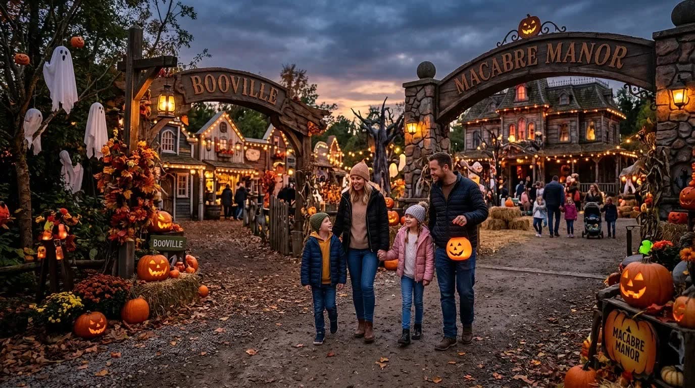 BooVille and Macabre Manor promotional art showing a family walking toward the attraction gates