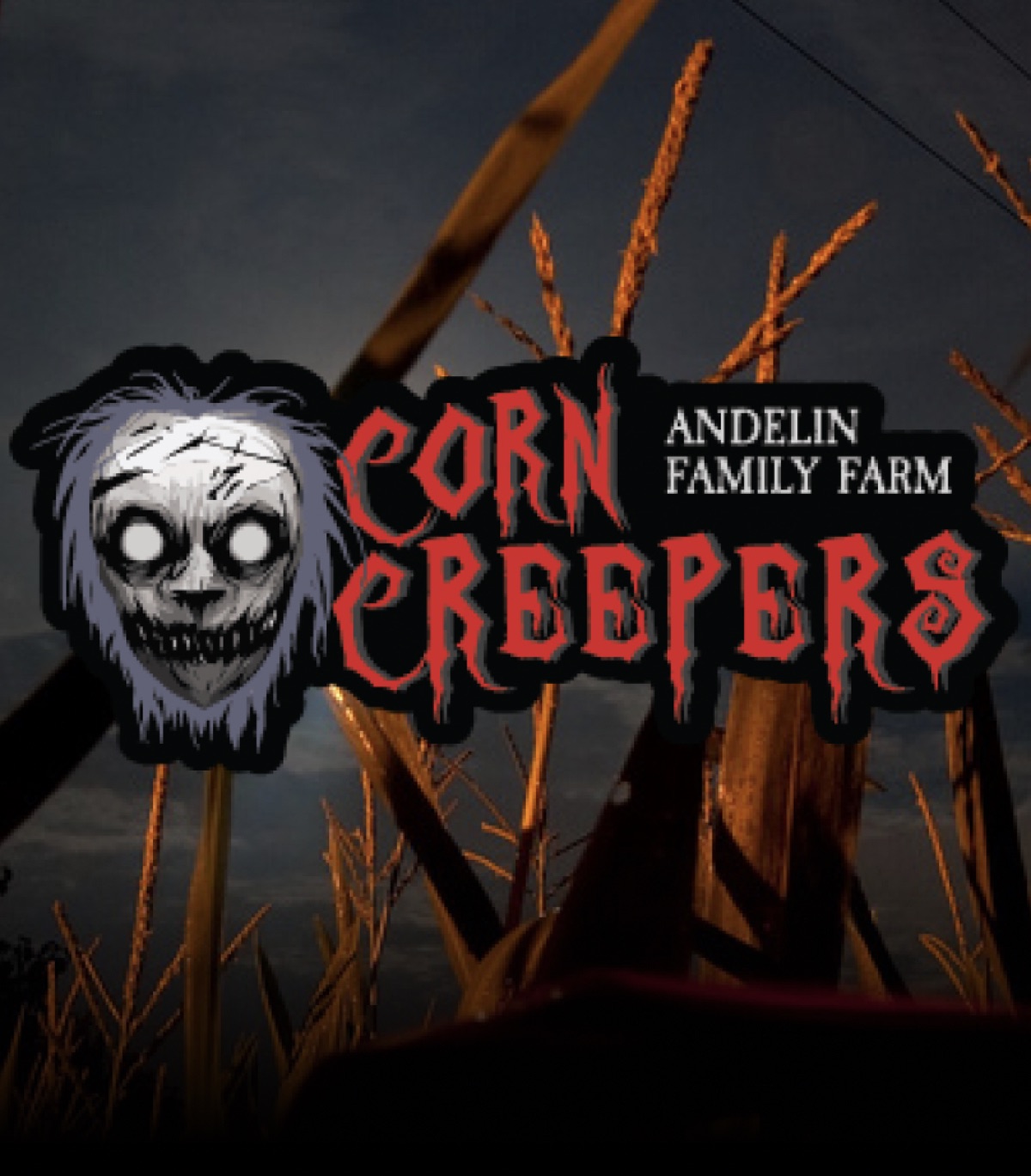 Corn Creepers key art from Andelin Family Farm, a creeper mask over a night cornfield