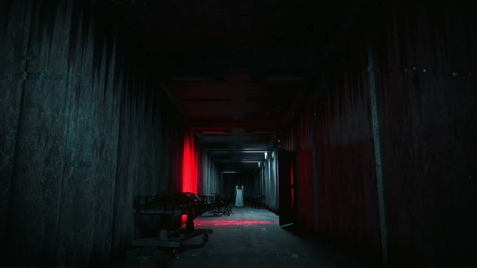 A red-lit corridor inside The Final Hour with a ghostly figure at the far end