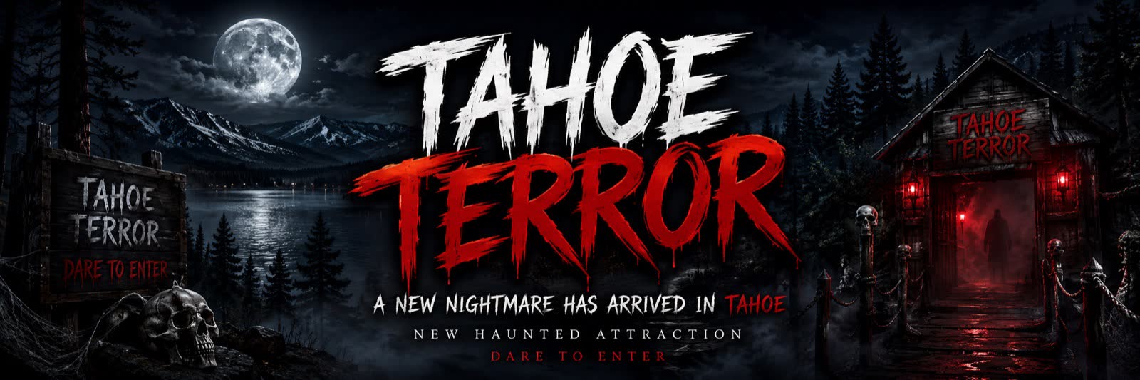 Tahoe Terror promotional art: the haunt's logo over a moonlit Lake Tahoe shoreline